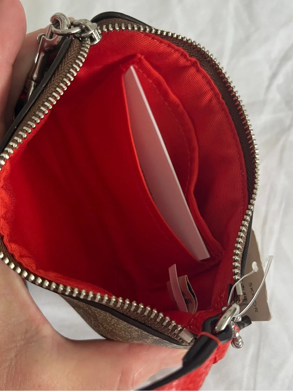Coach Brown Signature Canvas Wristlet with Red Leather Trim